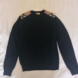 Burberry Black Crewneck Sweater with Plaid Accents, Medium, 100% Merino, $45